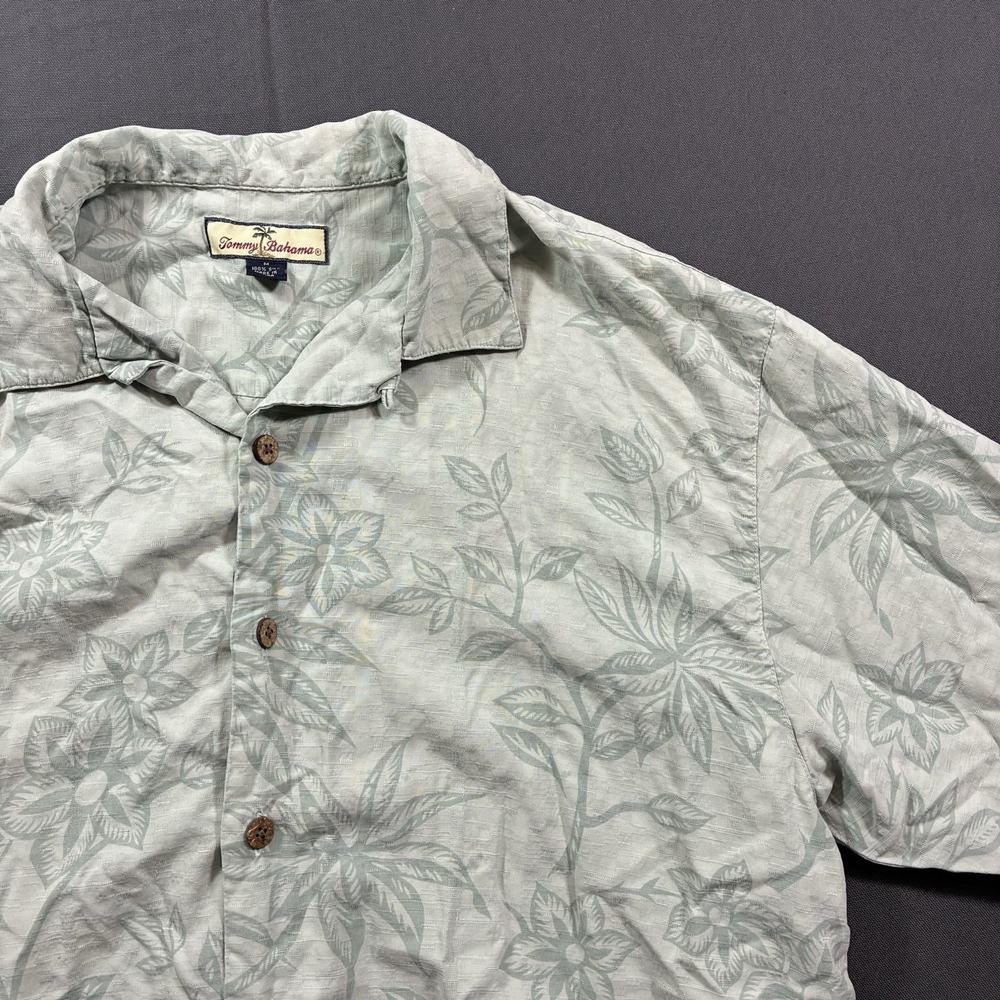 Tommy Bahama 100% Silk Hawaiian Camp Shirt Floral Palm Print Green Men's M